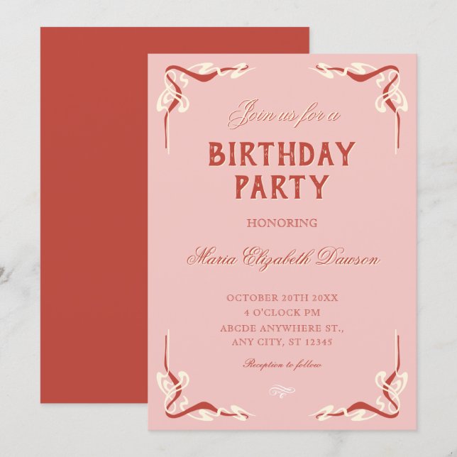 Convite Aniversário vintage retrô rosa (Frente/Verso)