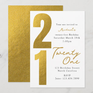 Convite Aniversário Vinte e Um 21º Branco Dourado Moderno