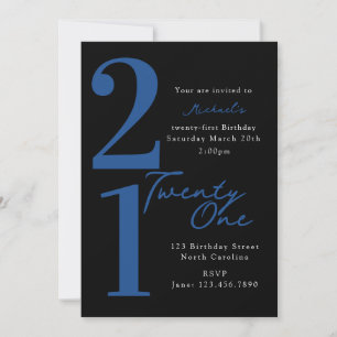 Convite Aniversário Vinte e Um 21º Preto Azul Moderno