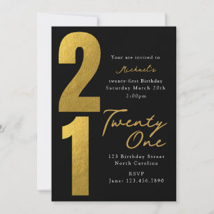 Convite Aniversário Vinte e Um 21º Preto Dourado Moderno