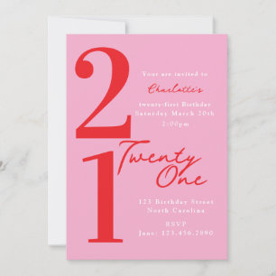 Convite Aniversário Vinte e Um 21º Rosa Vermelho Moderno