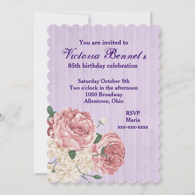 Convite Aniversário Vitoriano com Rosas e tiras Roxas (Frente)