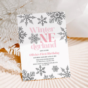 Convite Aniversário Winter Onederland Rosa Floco de Neve P