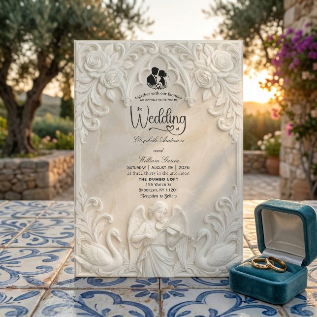 Convite Anjo Barroco & Cisnes Creme Antigo Casamento (Criador carregado)