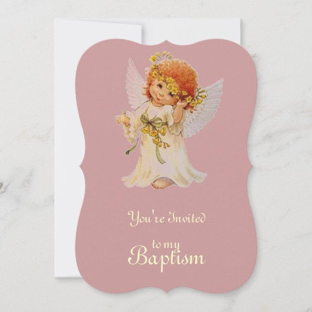 Convite Anjo Batismo com asas e coroa floral (Frente)