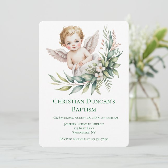 Convite Anjo Bebê Aquarela Asas de Pena Batismo  (Em pé/Frente)
