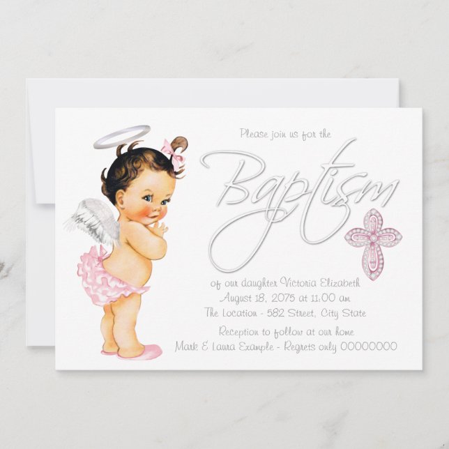 Convite Anjo Bebê Menina Batismo Rosa Cinza (Frente)