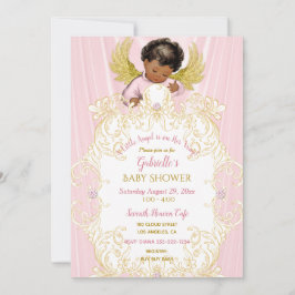 Convite Anjo Bebê Rosa Ouro Menina Afro-Americana