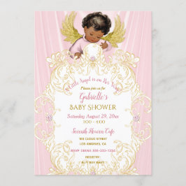 Convite Anjo Bebê Rosa Ouro Menina Afro-Americana