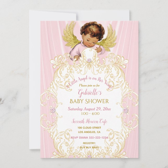 Convite Anjo Bebê Rosa Ouro Menina Étnica (Frente)