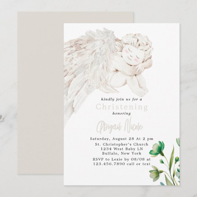 Convite Anjo com Asas Verde Floral Batismo  (Frente/Verso)