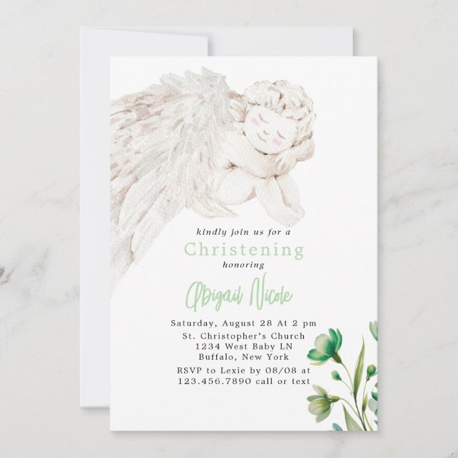 Convite Anjo com Asas Verde Floral Batismo  (Frente)