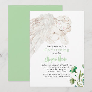 Convite Anjo com Asas Verde Floral Batismo 