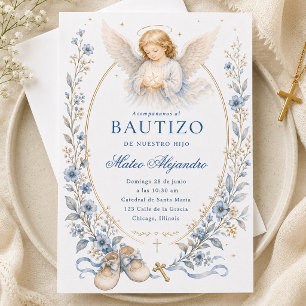 Convite Anjo do Batismo Azul Floral Aquarela