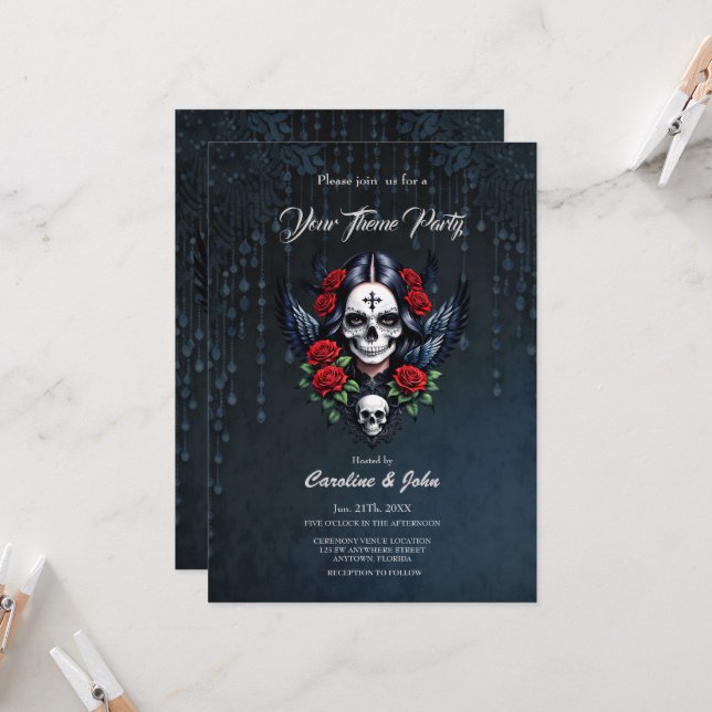 Convite Anjo do Crânio de Açúcar com Rosas. (Frente/Verso In Situ)