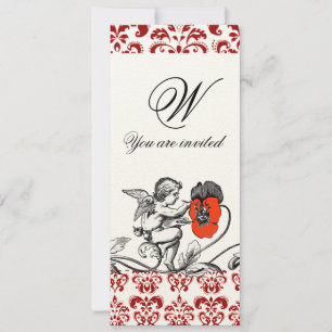 CONVITE ANJO PINTANDO UM MONOGRAMA DE DAMASCO DE FLOR VERM