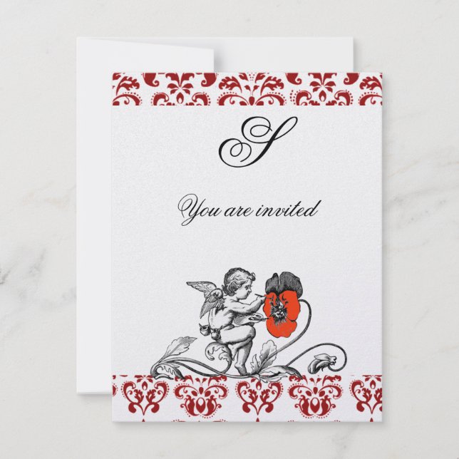 CONVITE ANJO PINTANDO UMA FLOR VERMELHA MONOGRAMA DAMASCO  (Frente)