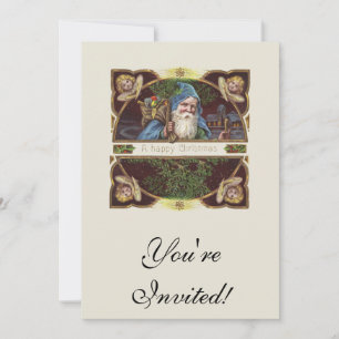 Convite Anjos de Papai Noel Vitorianos Azul Natal Arte Ant