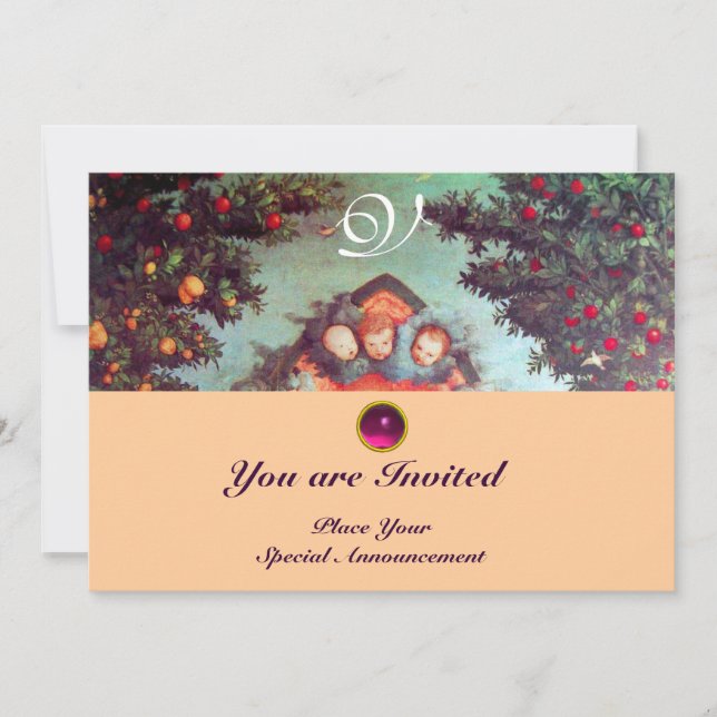 Convite ANJOS PEQUENOS MONOGRAMA azul antigo brilhante ros (Frente)