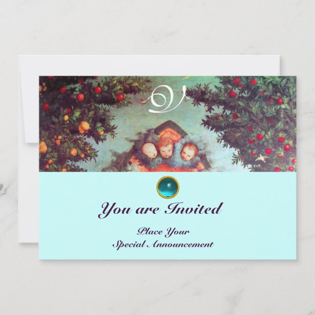 Convite ANJOS PEQUENOS MONOGRAMA azul antigo brilhante ver (Frente)