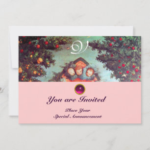 Convite ANJOS PEQUENOS MONOGRAMA azul antigo rosa brilhant