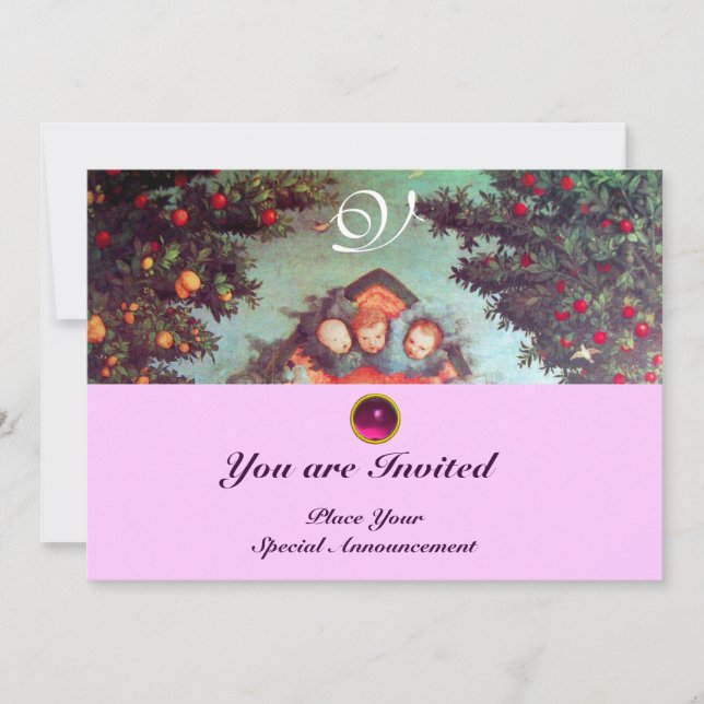 Convite ANJOS PEQUENOS MONOGRAMA azul antigo rosa brilhant (Frente)