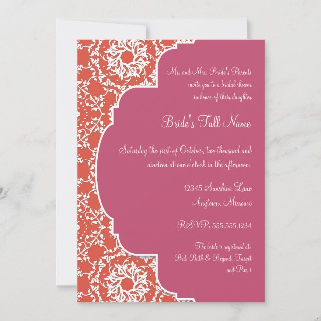 Convite AnnaLiese Damask - Tangerine n Watermelon Invite (Frente)
