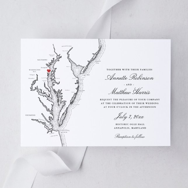 Convite Annapolis Maryland Casamento Negro e Branco Elegan (Annapolis Maryland Elegant black and white map wedding invitation with the Chesapeake Bay)