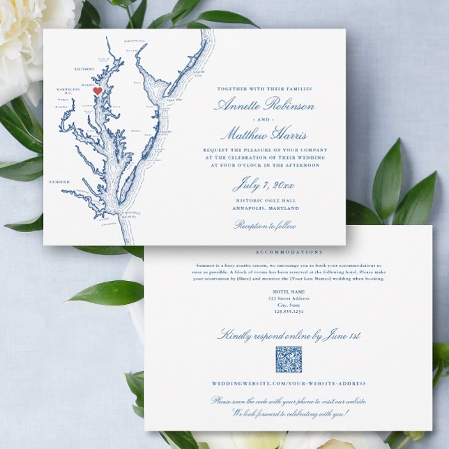Convite Annapolis Maryland Código QR all-in-one RSVP Weddi (Annapolis Maryland Elegant QR Code RSVP all-in-one wedding invitation with elegant navy blue map)