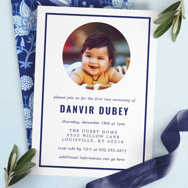 Convite Annaprashan Azul Floral Primeira Cerimônia de Arro (Criador carregado)