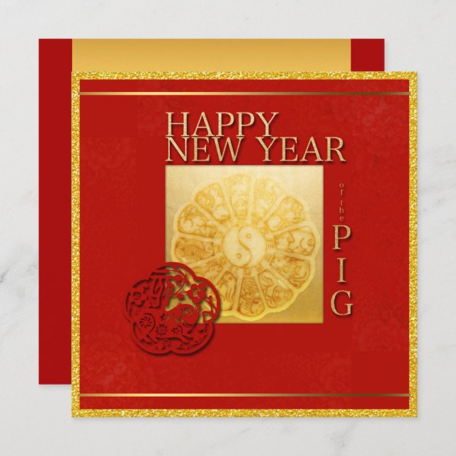 Convite Ano chinês 2019 Inv quadrado de Papercut do porco (Frente/Verso)