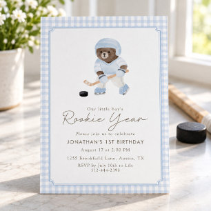 Convite Ano de Novato de Hockey Xadrez Azul Teddy Bear 1º