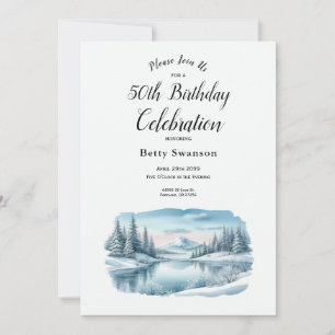 Convite Ano Editável Snowy Mountain Winter Lake Birthday