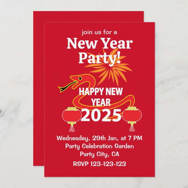 Convite Ano Novo Chinês 2025 Cobra Chinês Ano Novo (Frente/Verso)