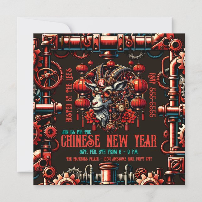 Convite Ano Novo Chinês Steampunk do Bode (Frente)