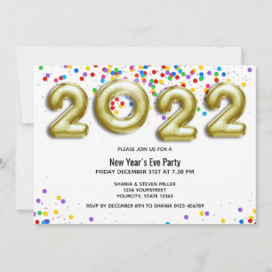 Convite Ano Novo Dourado 2022 Balão Colorido Confete Festa
