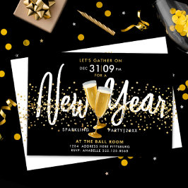 Convite Ano Novo Elegante Champanhe Dourado Confetes Preto