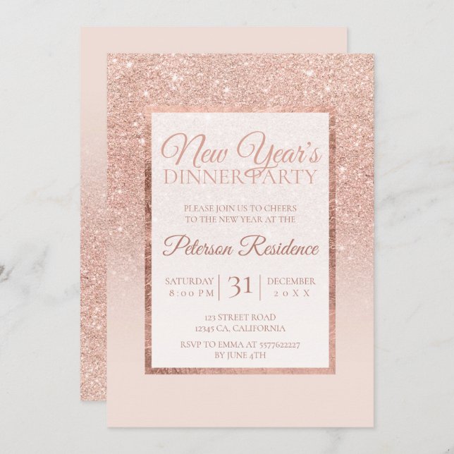 Convite Ano Novo Glitter rosa de ouro elegante (Frente/Verso)