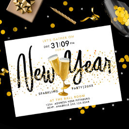 Convite Ano Novo Moderno Champanhe Dourado Confete Estilos