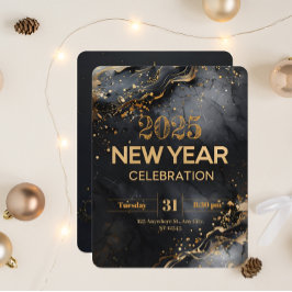 Convite Ano Novo Moderno com Mármore Negro e Sujeiras Dour
