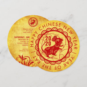 Convite Ano Novo Vermelho Dourado Chinês do Rato 2020