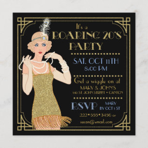 Convite Anos 20 Estonteantes Flapper Dourado Brilho Preto 