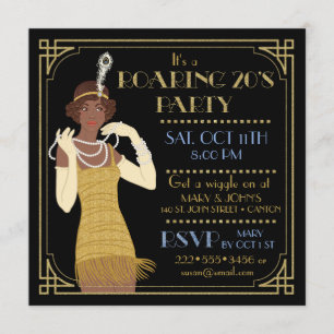 Convite Anos 20 Ruidosos Afro-Americano Flapper Dourado & 