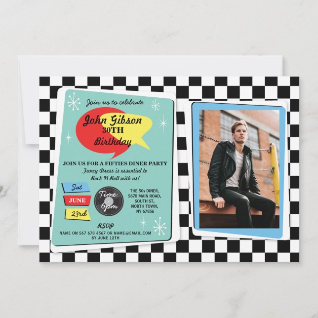 Convite Anos 50 de aniversário de 1950 Retro Rock Roll Inv (Frente)