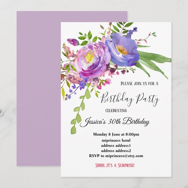 Convite anos florais cor-de-água púrpura rosa (Frente/Verso)