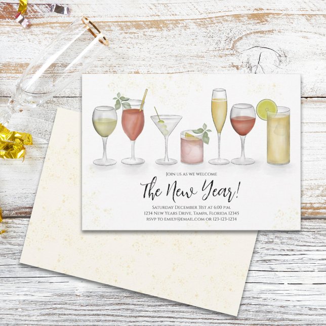 Convite Anos novos Simples Bebidas Cocktail Aquarela (Criador carregado)