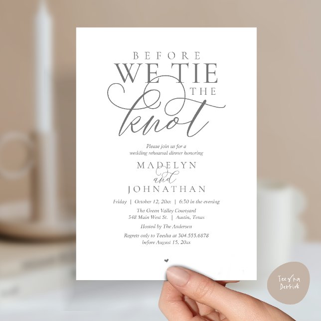 Convite "Antes de dar o nó", Jantar de Ensaio de Casamento ("Before we tie the knot", Modern Romantic Wedding Rehearsal Dinner Invites Card in Dark Grey)