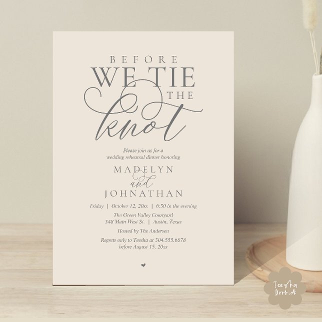 Convite "Antes de dar o nó", Jantar de Ensaio de Casamento ("Before we tie the knot", Modern Romantic Wedding Rehearsal Dinner Invites Card in Cream Grey)
