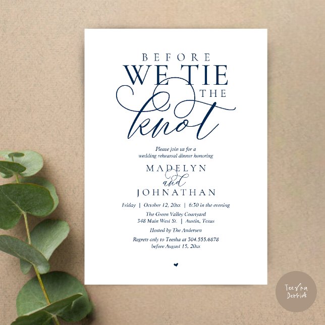 Convite "Antes de dar o nó", Jantar de Ensaio de Casamento ("Before we tie the knot", Modern Romantic Wedding Rehearsal Dinner Invites Card in Navy Blue)
