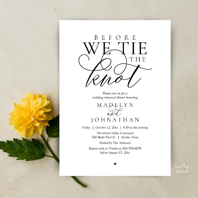 Convite "Antes de dar o nó", Jantar de Ensaio do Casamento ("Before we tie the knot", Modern Romantic Wedding Rehearsal Dinner Invites Card in black and white)